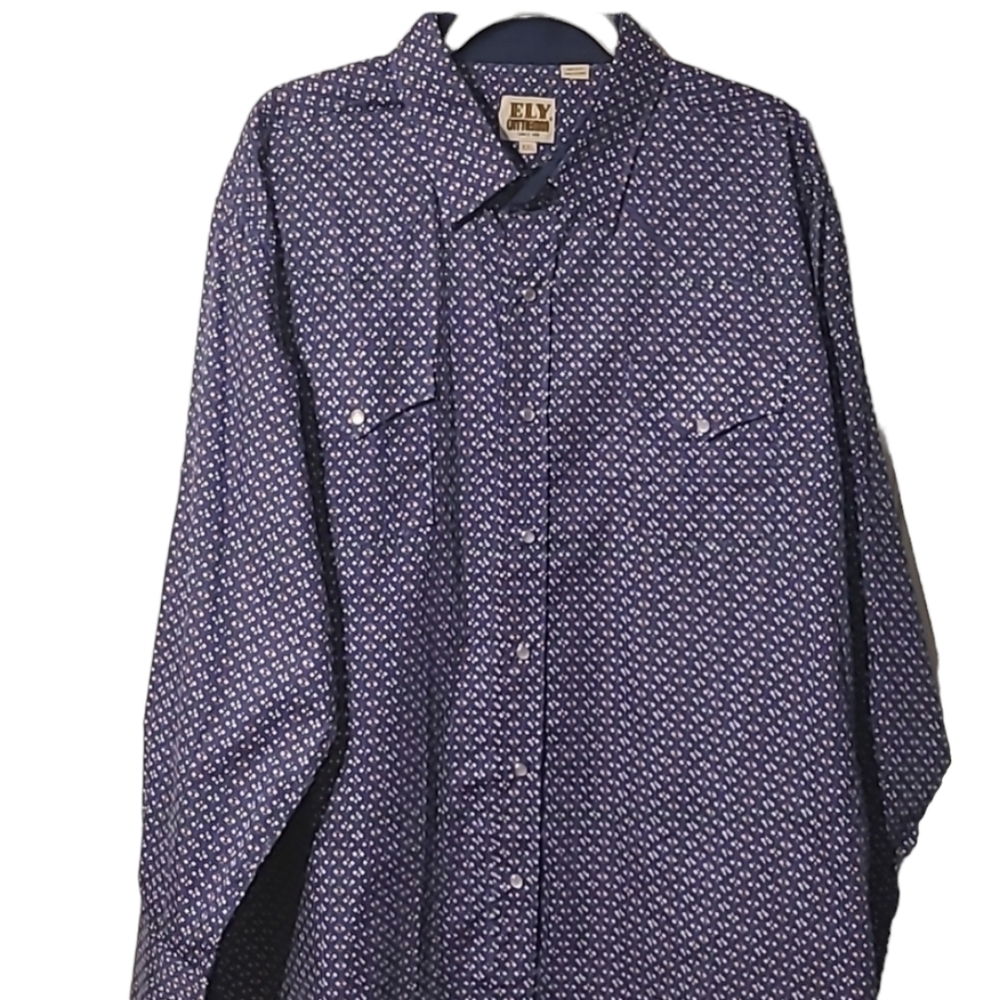 ELY CATTLEMAN MENS BLUE PATTERN LONG SLEEVE WESTERN SHIRT BIG AND TALL SIZE XXL - Picture 2 of 8